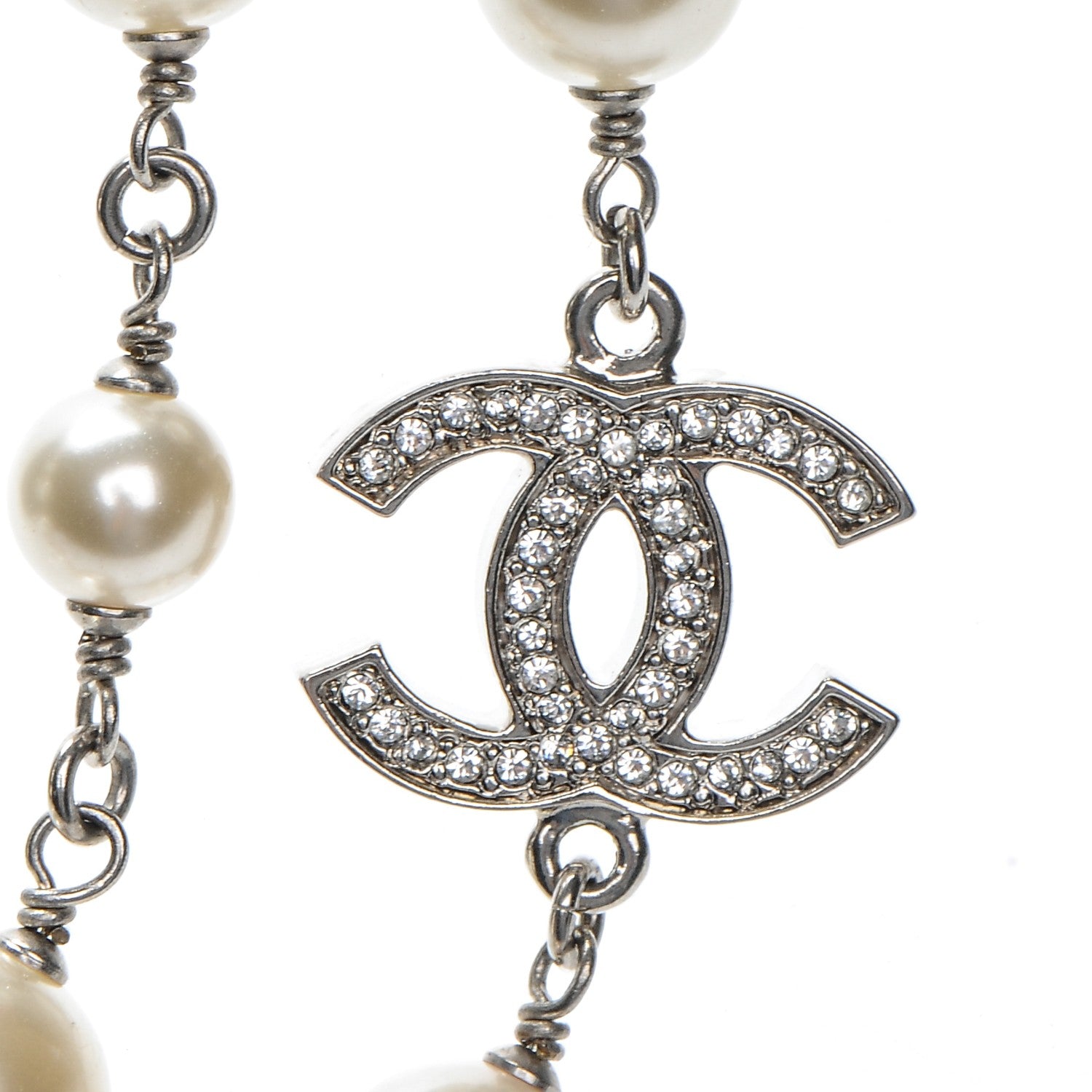 Chanel Crystal Pearl CC Long Necklace Silver 3 of 5
