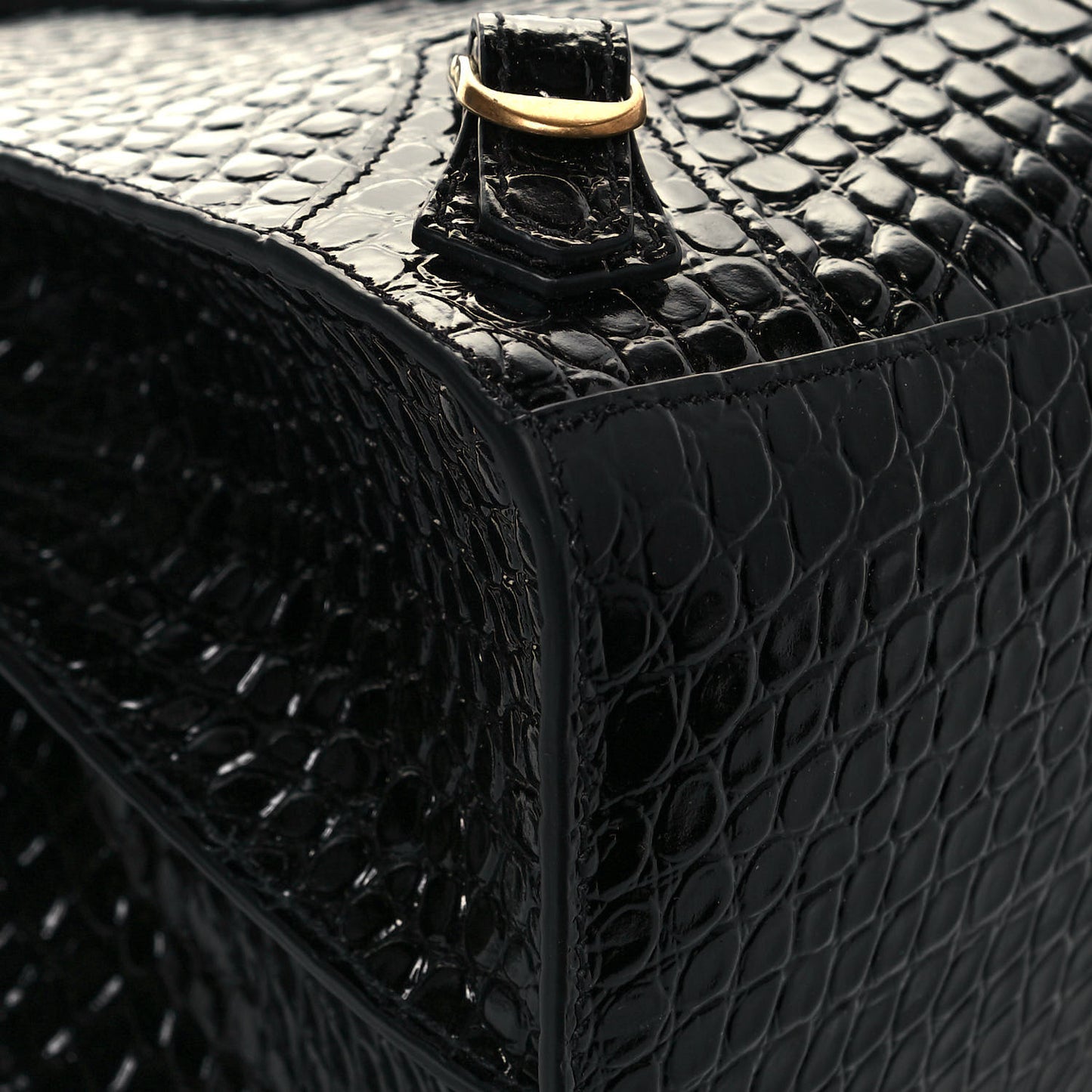 Shiny Supple Calfskin Crocodile Embossed Brass Hardware Neo Classic City Black