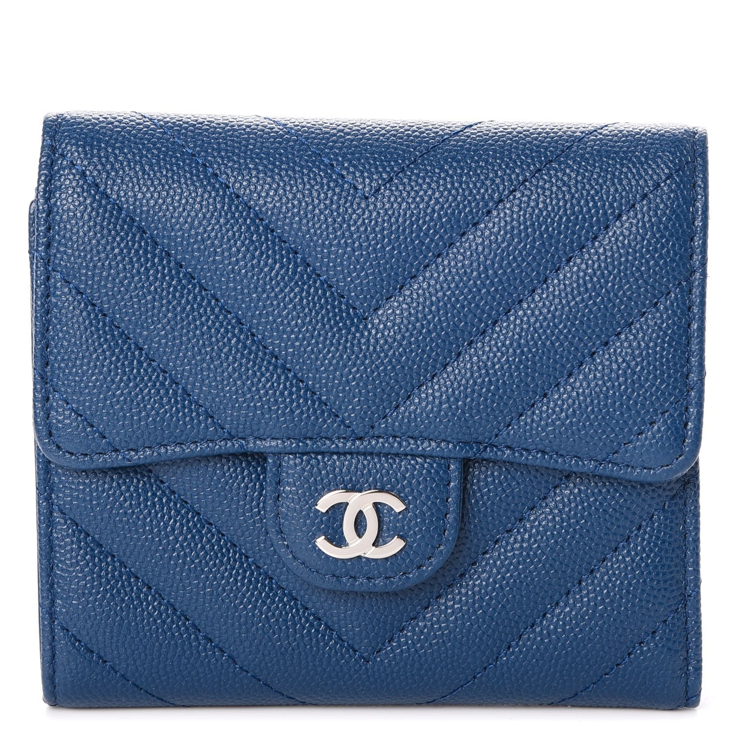 Caviar Chevron Quilted Compact Flap Wallet Navy