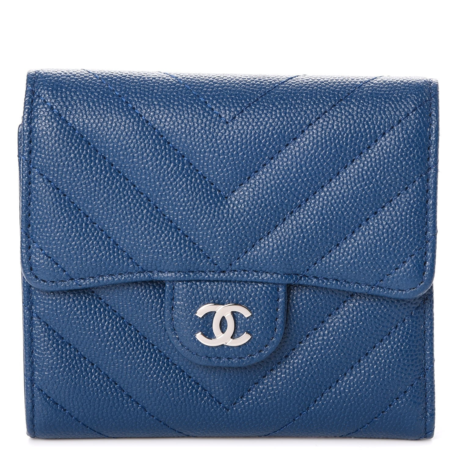 Chanel Caviar Chevron Quilted Compact Flap Wallet Navy 1 of 9