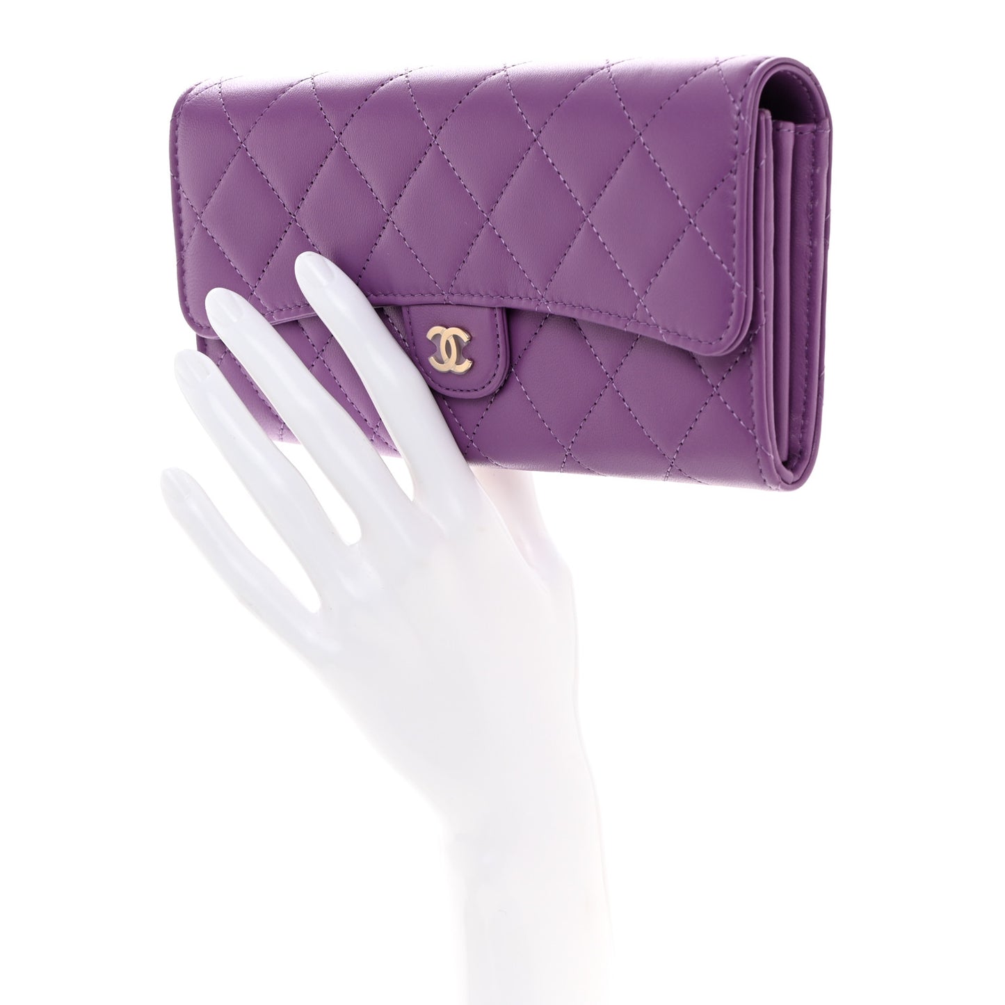 Lambskin Quilted Large Flap Wallet Purple
