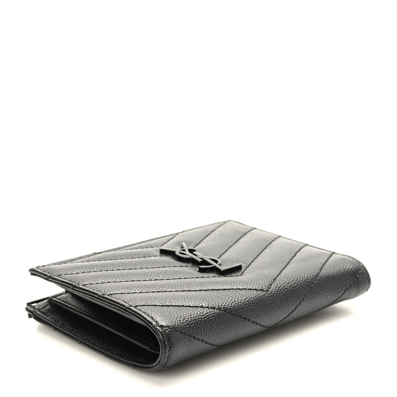 Saint Laurent Grain De Poudre Matelasse Chevron Monogram Zipped Two-Part Wallet Black 4 of 7