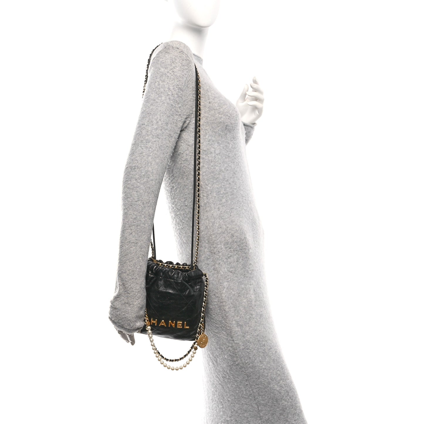 Shiny Crumpled Calfskin Quilted Pearl Mini Chanel 22 Black