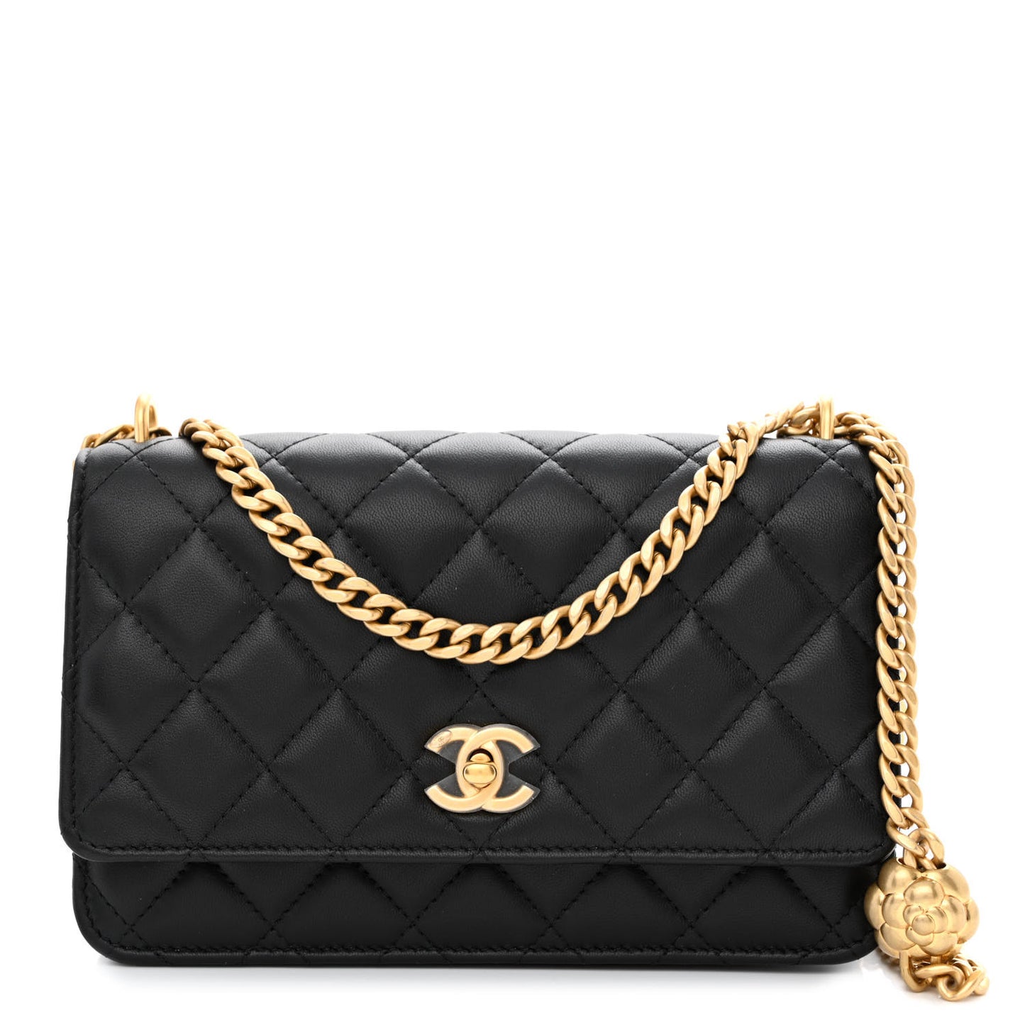Lambskin Quilted Sweet Camellia Wallet on Chain WOC Black