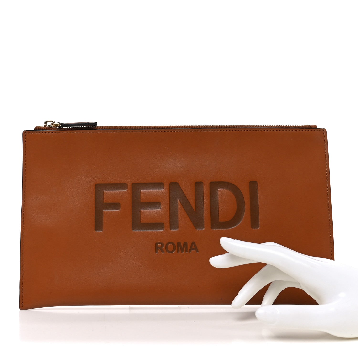 Fendi Vitello King Logo Embossed Medium Flat Pouch Cuoio 1803535