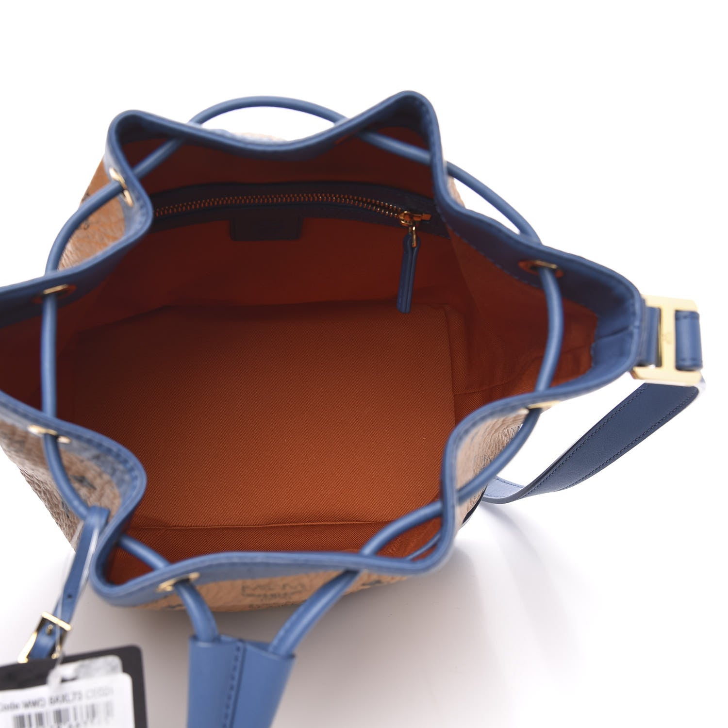 MCM Visetos Small Heritage Drawstring Bucket Bag Cognac Blue 5 of 9