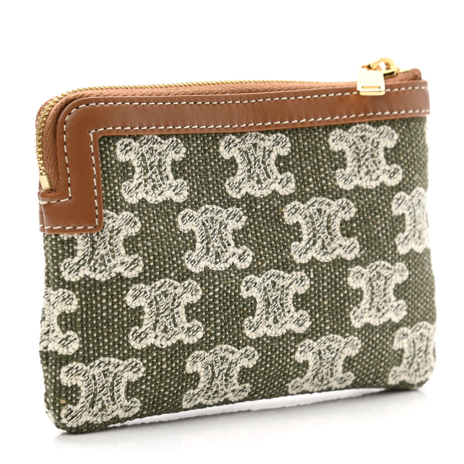 Celine Triomphe Canvas Calfskin Coin and Card Pouch Khaki 3 of 7