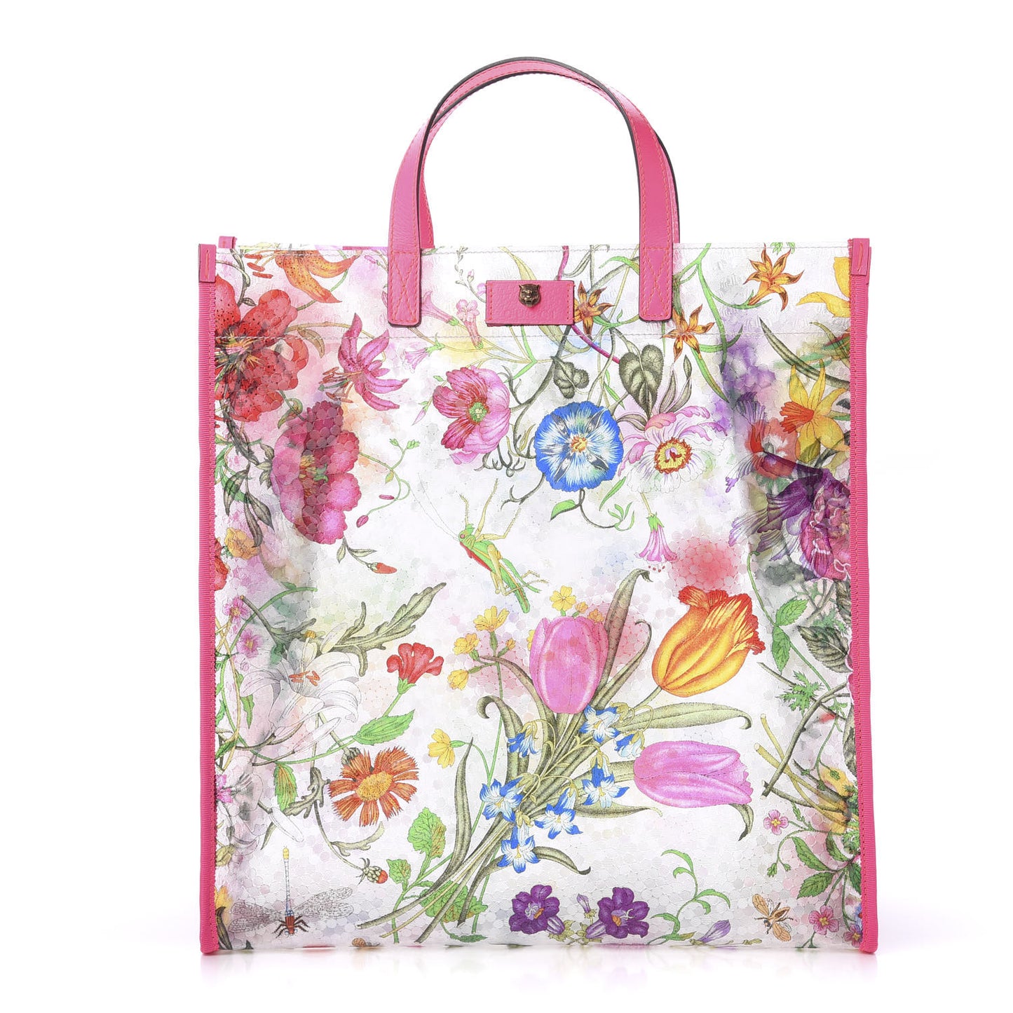 Calfskin Textured Vinyl Print Flora Tote Fluorescent Fuchsia