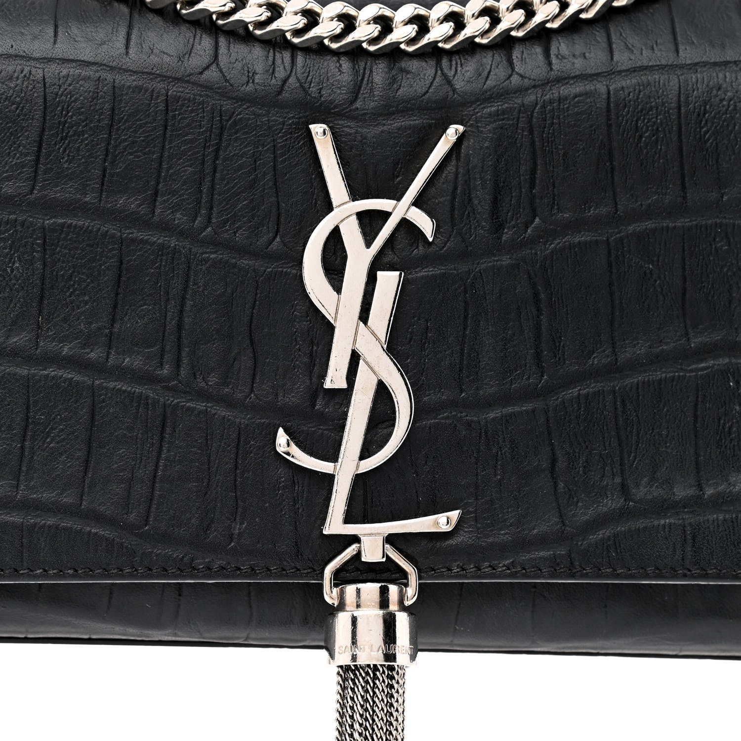 Saint Laurent Calfskin Crocodile Embossed Small Classic Monogram Kate Tassel Satchel Black 8 of 11