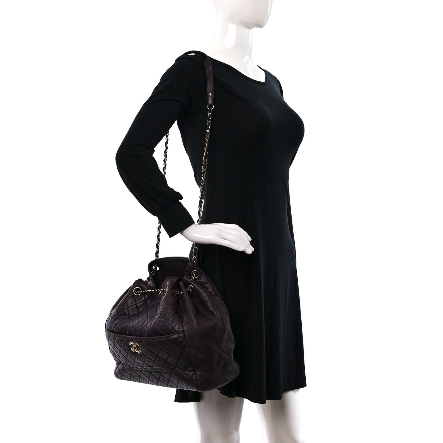 Lambskin Quilted Large Drawstring Shoulder Bag Dark Purple