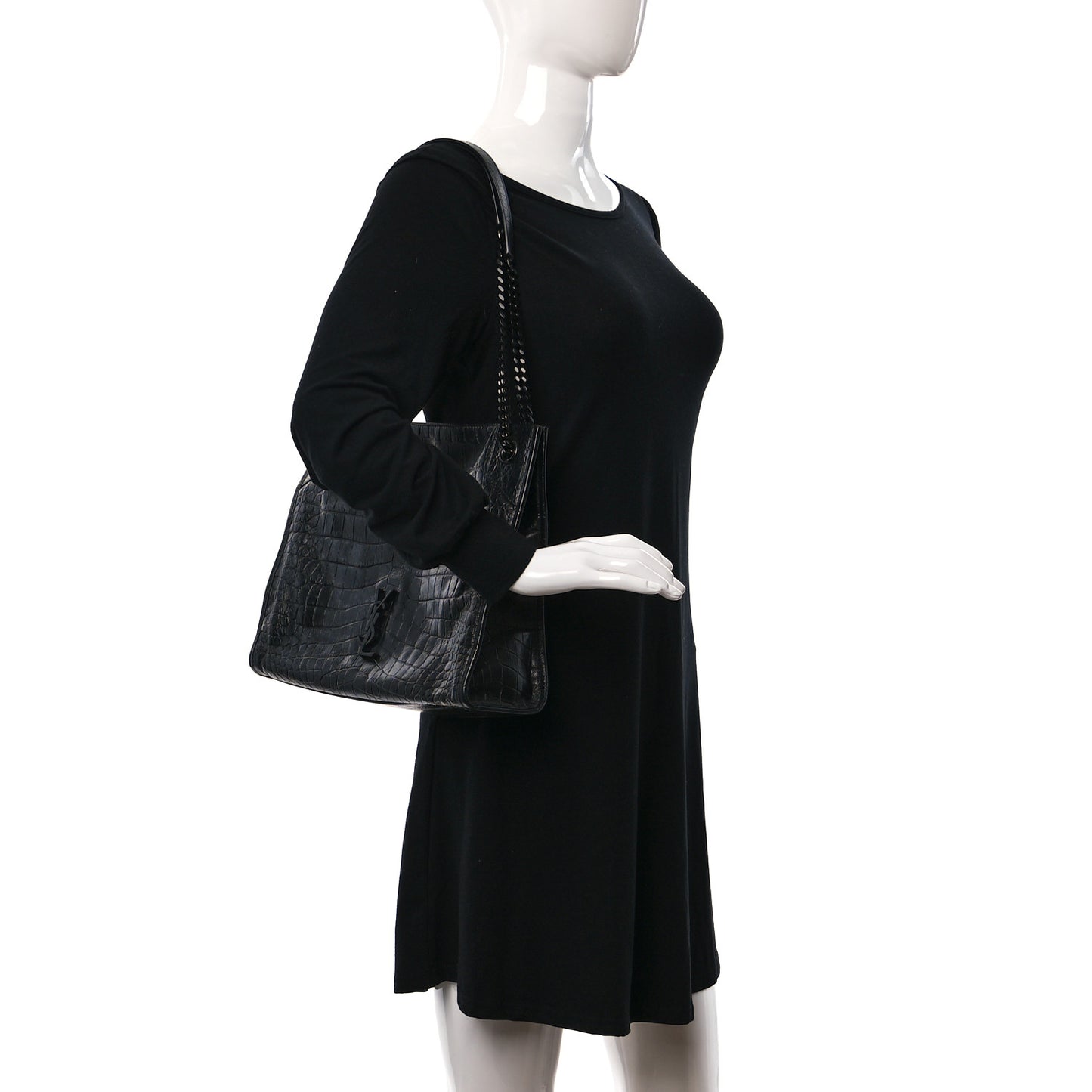 Calfskin Crocodile Embossed Monogram Medium Niki Shopping Bag Black