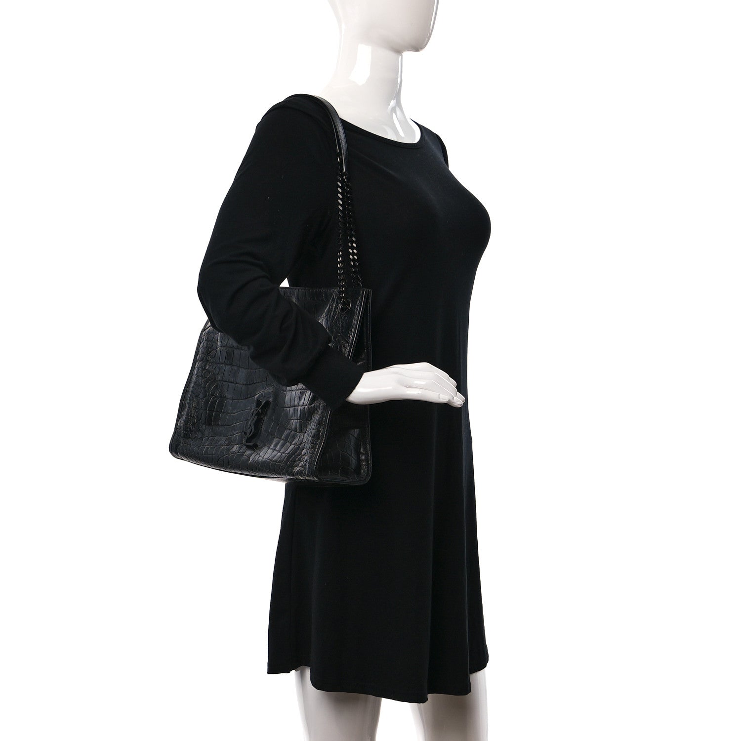 Saint Laurent Calfskin Crocodile Embossed Monogram Medium Niki Shopping Bag Black 2 of 12