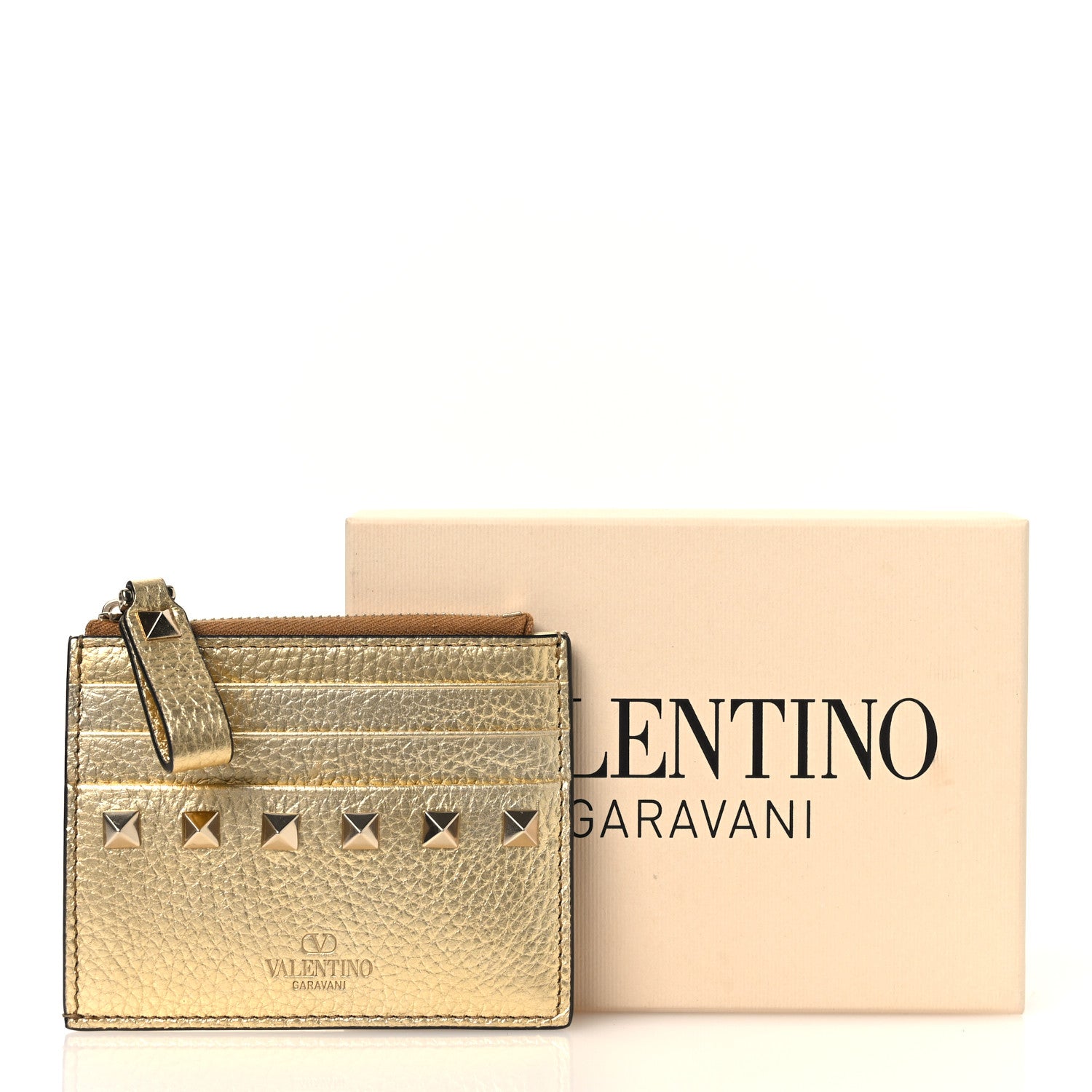 Valentino Garavani Metallic Pebbled Calfskin Rockstud Card Holder With Zipper Gold 15 of 16