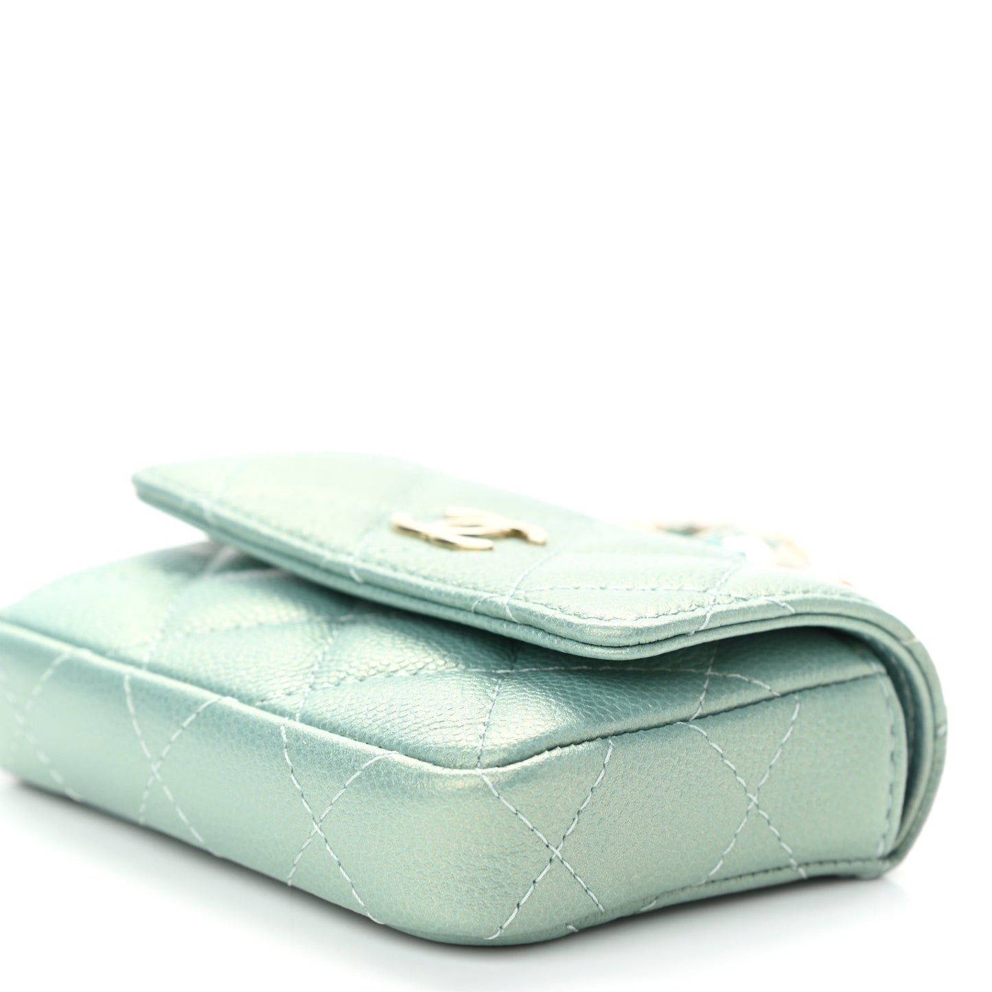 Iridescent Caviar Quilted Pearl Card Holder On Chain Green