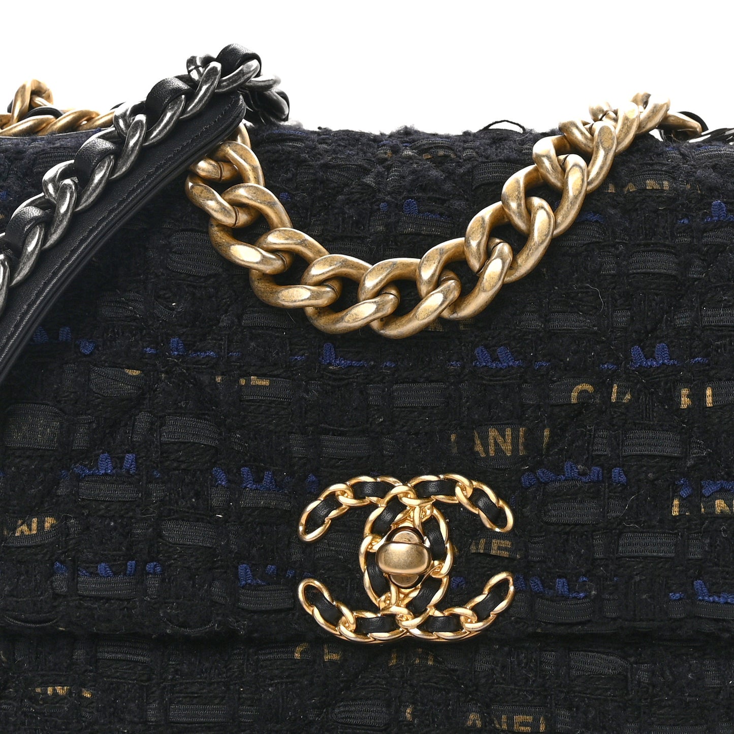Tweed Quilted Medium Chanel 19 Flap Black Navy Gold