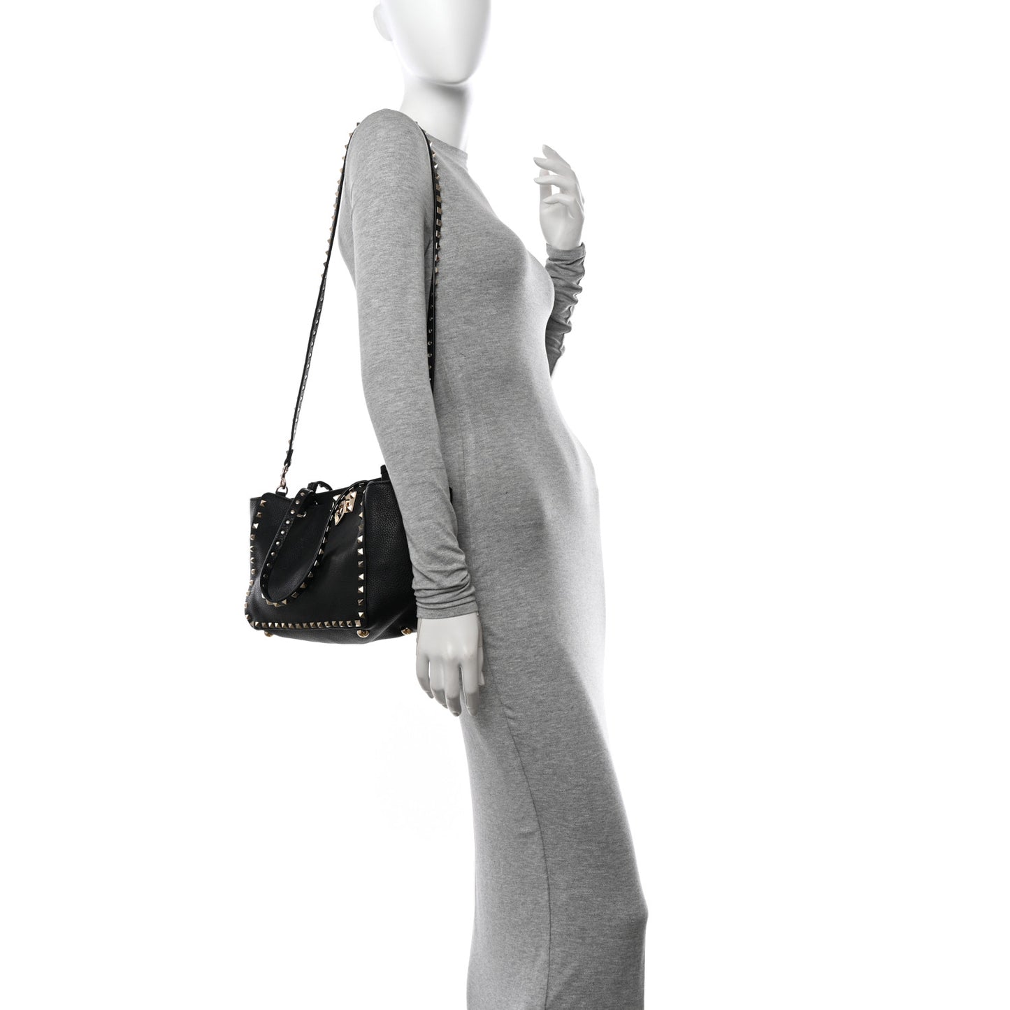 Grained Calfskin Small Rockstud Tote Black