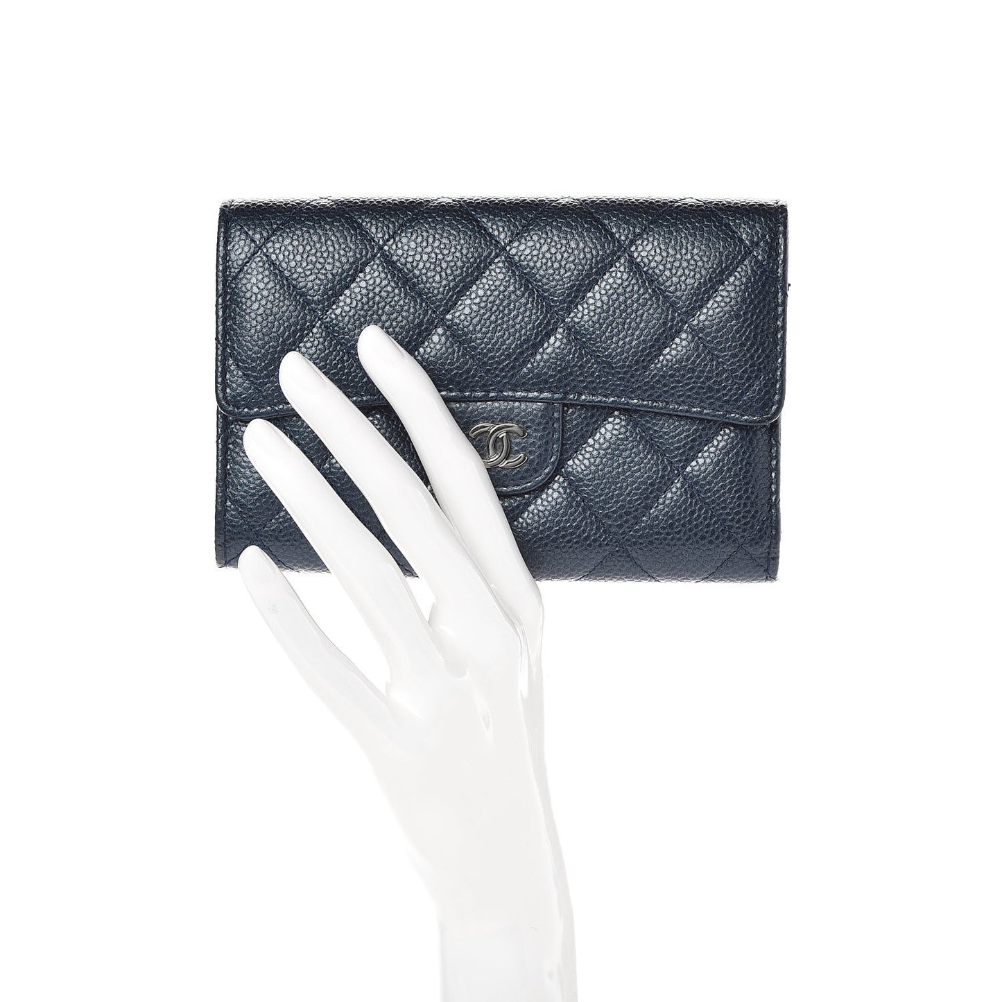 Metallic Caviar Quilted Medium Flap Wallet Dark Blue
