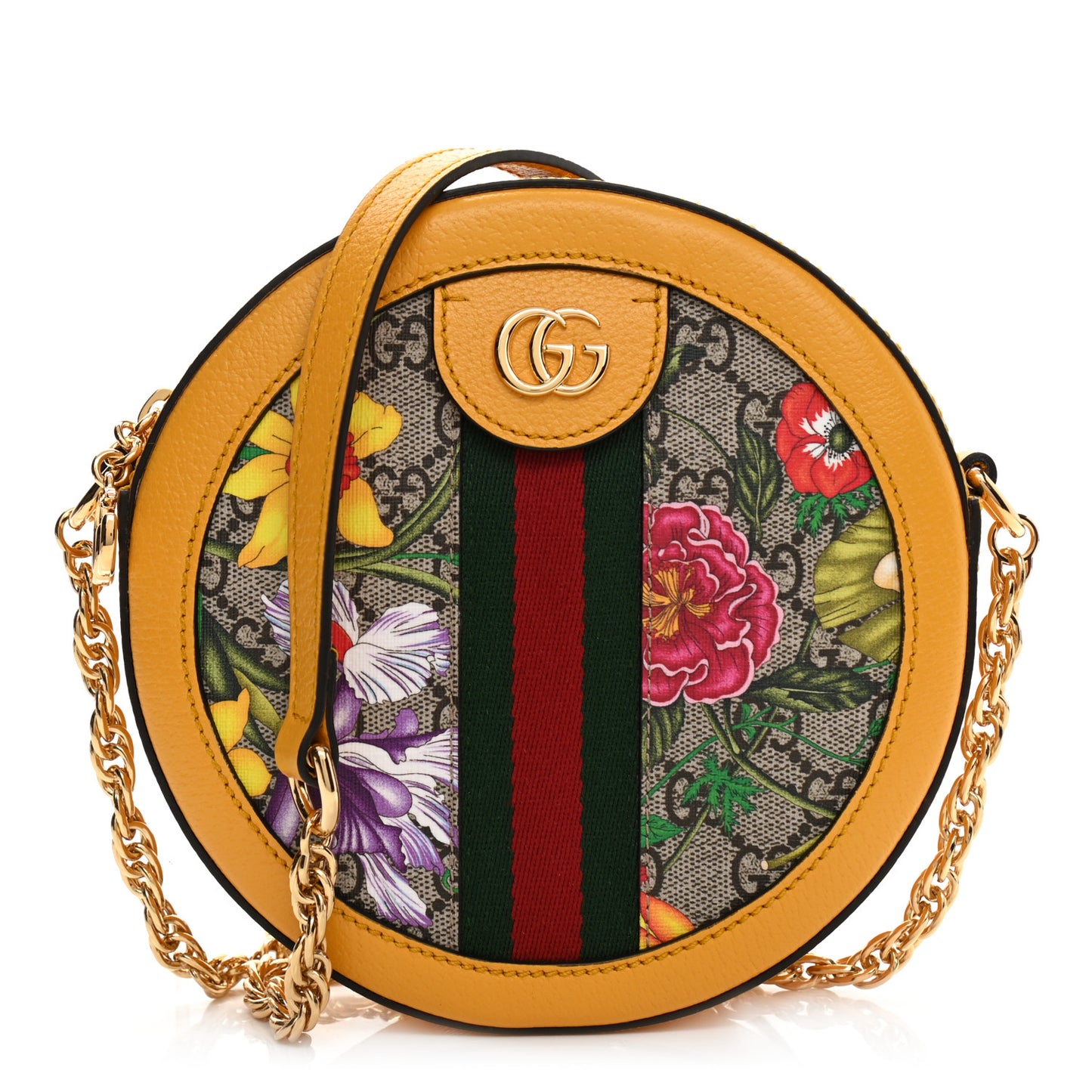 GG Supreme Monogram Flora Web Mini Ophidia Round Shoulder Bag Beige Multicolor Crop