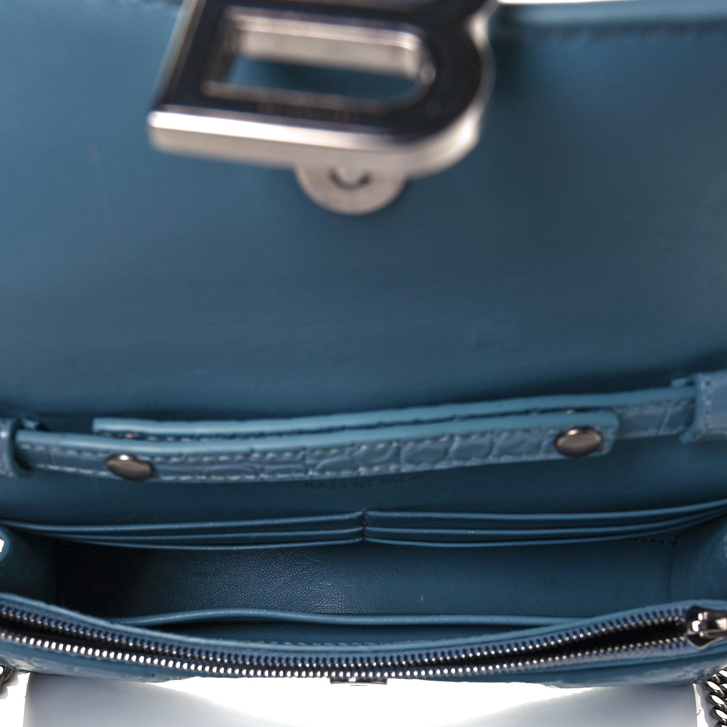 Balenciaga Shiny Calfskin Crocodile Embossed Hourglass Chain Bag Blue Grey 9 of 17