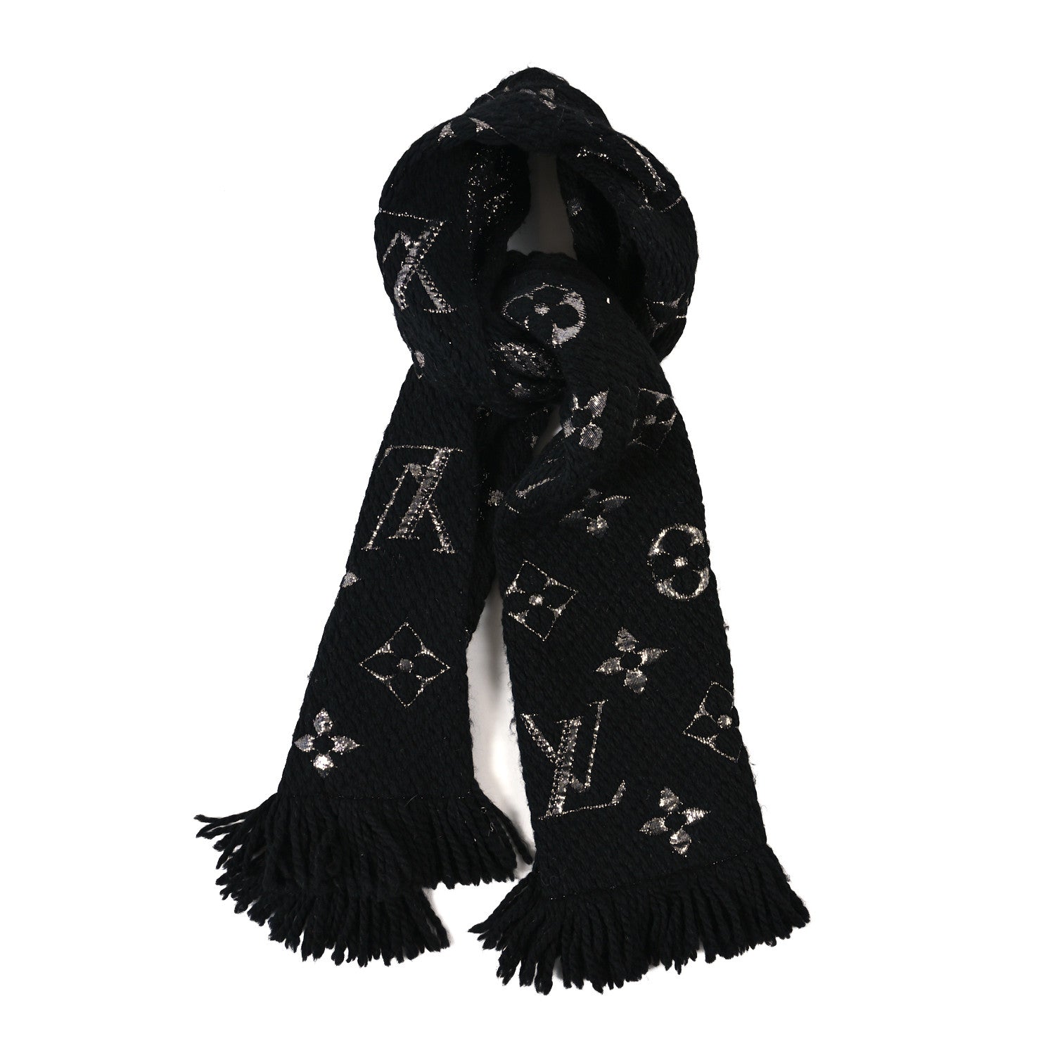 Louis Vuitton Wool Silk Monogram Giant Logomania Shine Scarf Black Silver 1 of 3