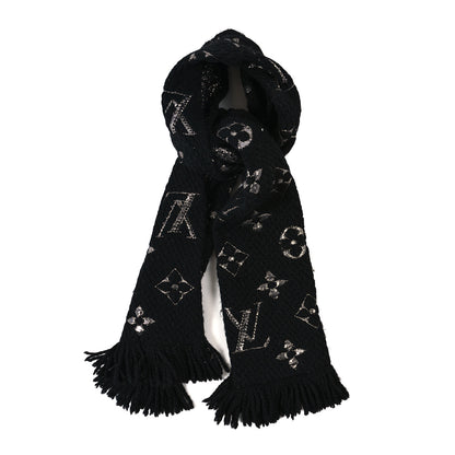 Louis Vuitton Wool Silk Monogram Giant Logomania Shine Scarf Black Silver 1 of 3