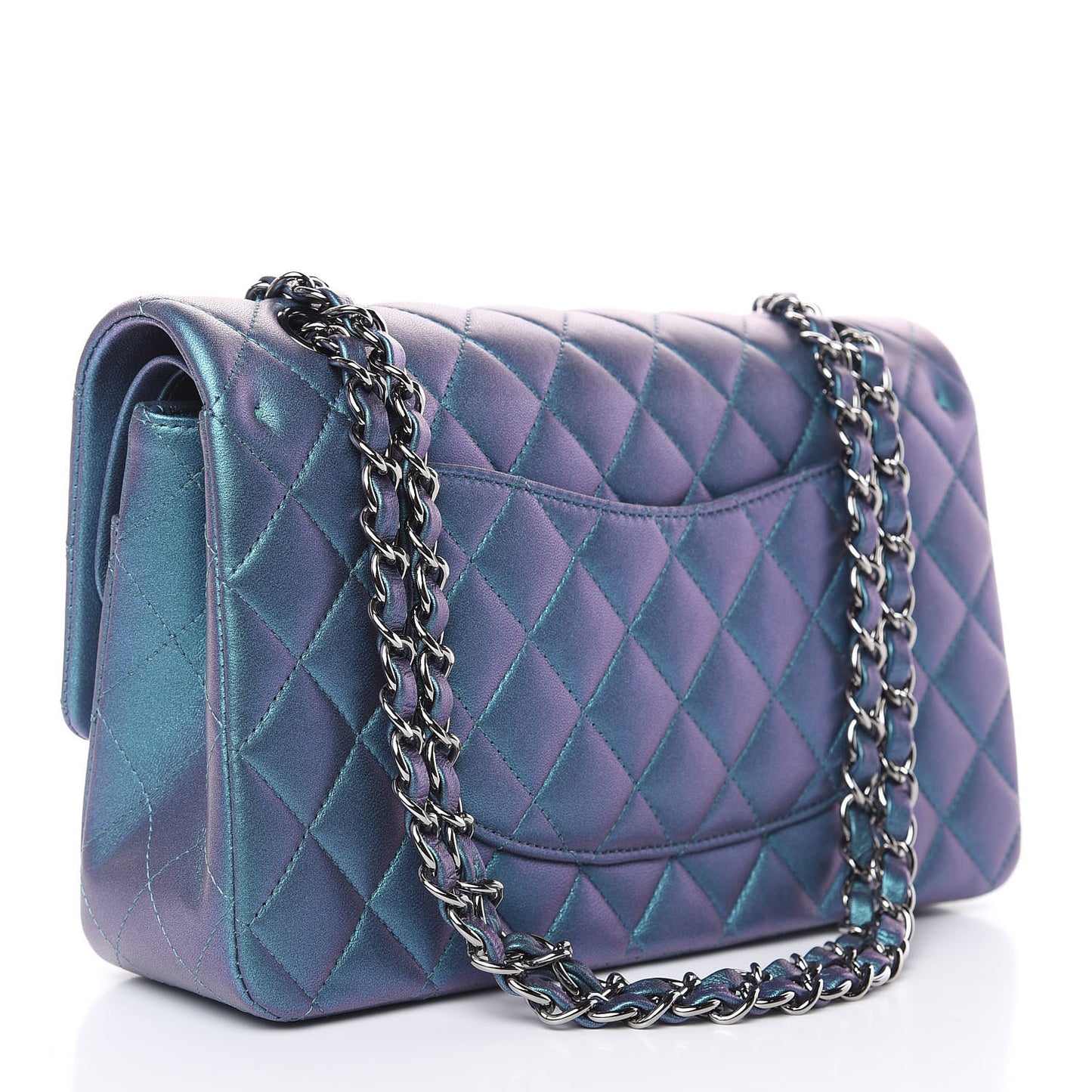 Metallic Lambskin Quilted Medium Double Flap Turquoise