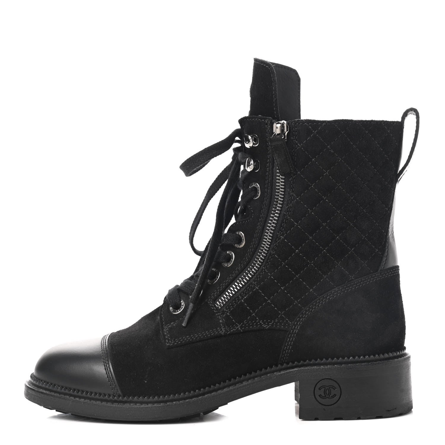 Chanel Suede Quilted CC Lace Up Combat Boots 39 Black 1 of 7