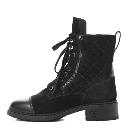 Chanel Suede Quilted CC Lace Up Combat Boots 39 Black 1 of 7