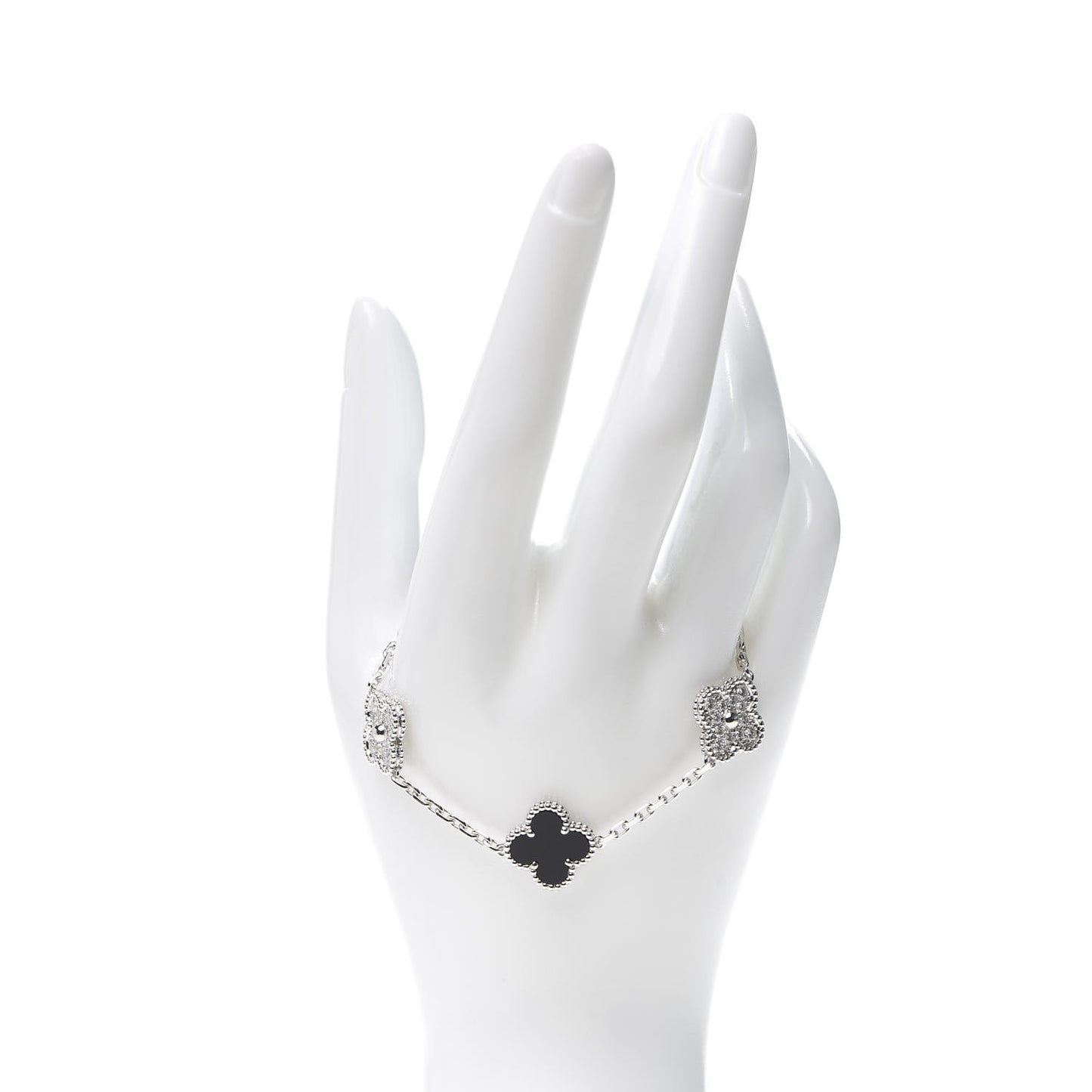 18K White Gold Diamond Black Onyx 5 Motifs Vintage Alhambra Bracelet