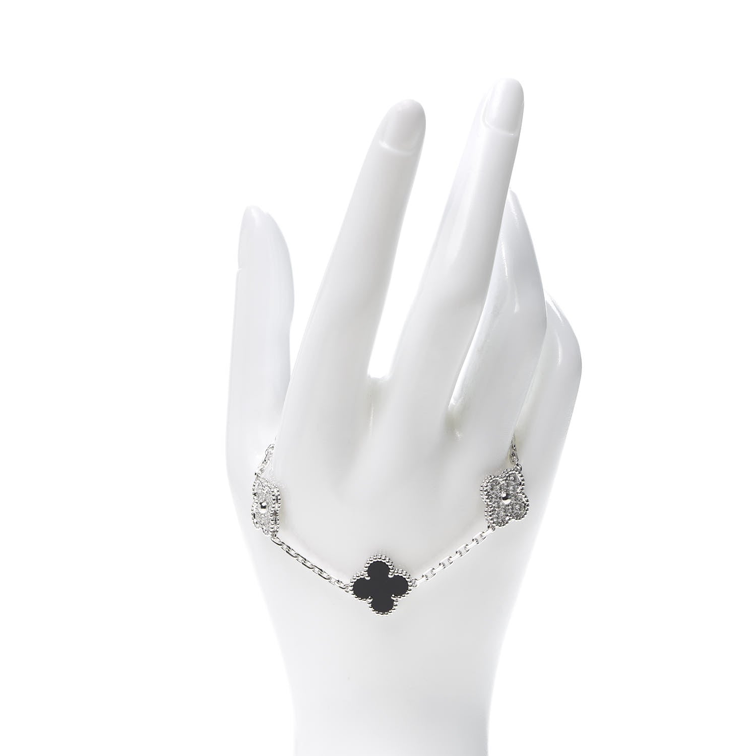 Van Cleef & Arpels 18K White Gold Diamond Black Onyx 5 Motifs Vintage Alhambra Bracelet 2 of 7