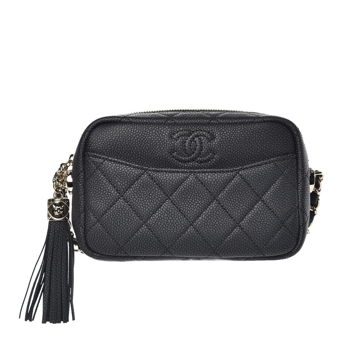 Iridescent Caviar Quilted Mini Coco Tassel Camera Case Black