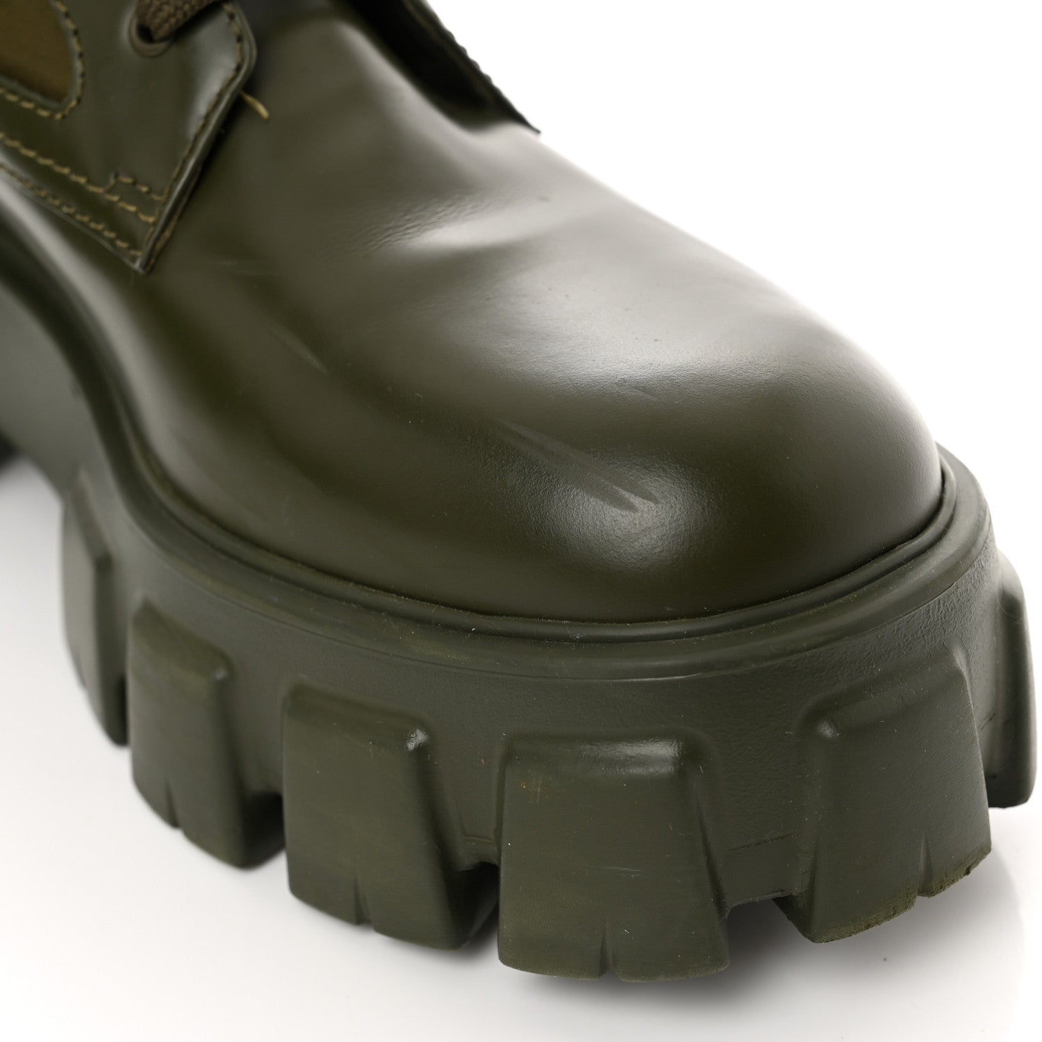 Prada Spazzolato Rois Re-Nylon Metal Triangle Logo Monolith Pouch Pocket 55mm Boots 38.5 Militare 14 of 15