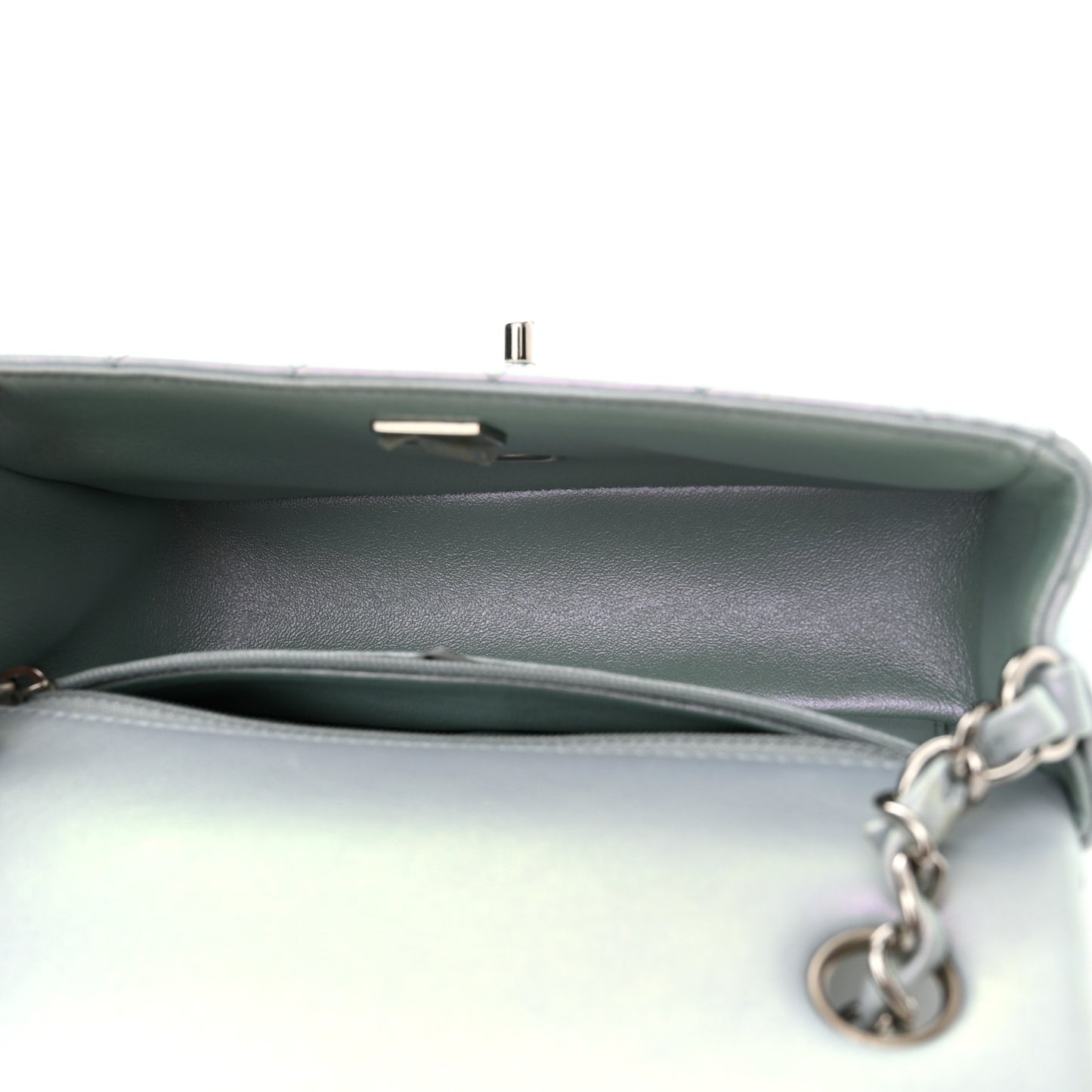 Iridescent Calfskin Quilted Mini Rectangular Flap Light Blue