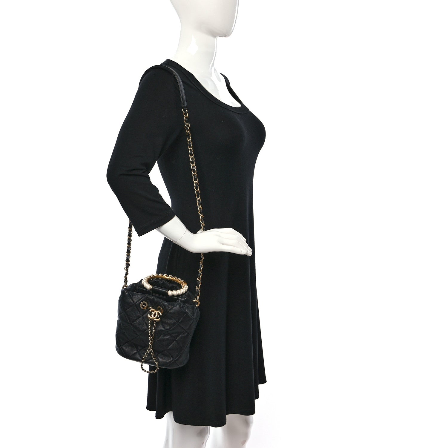 Chanel Lambskin Quilted Pearl Crown Drawstring Bag Black 3 of 9
