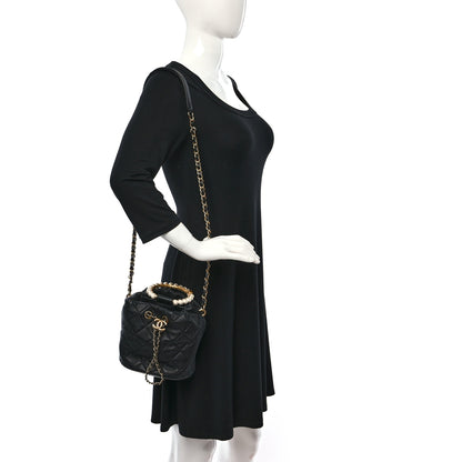 Chanel Lambskin Quilted Pearl Crown Drawstring Bag Black 3 of 9