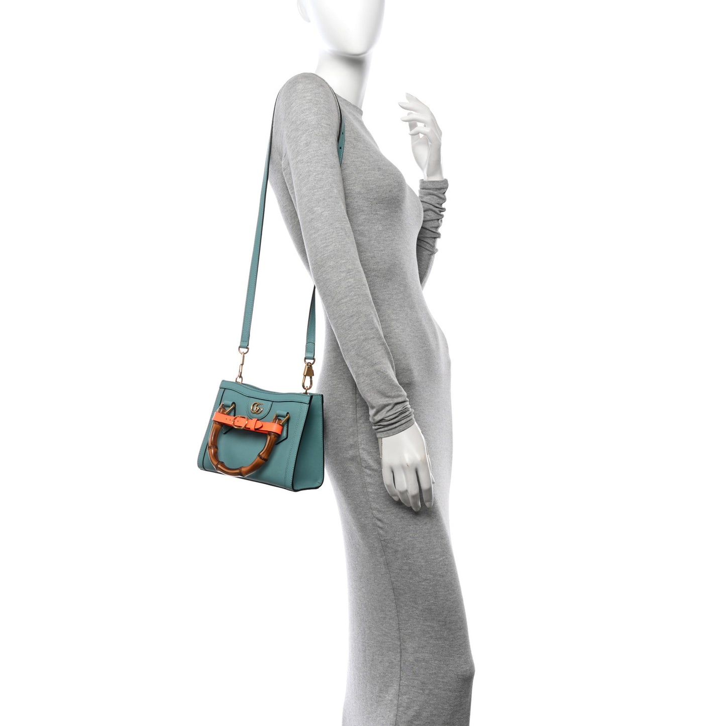 Textured Dollar Calfskin Web Mini Diana Tote Bag Dusty Azure Deep Orange