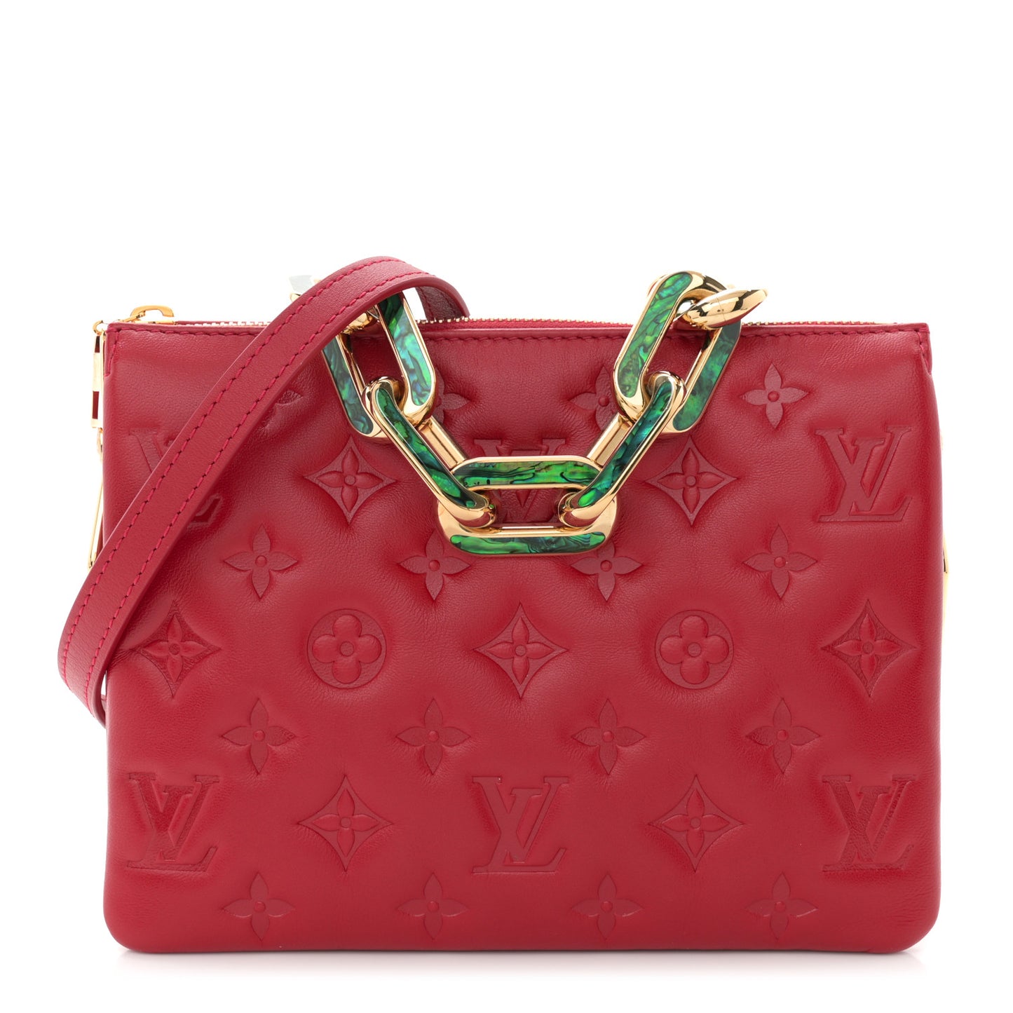 Mother of Pearl Lambskin Embossed Monogram Coussin BB Red Green