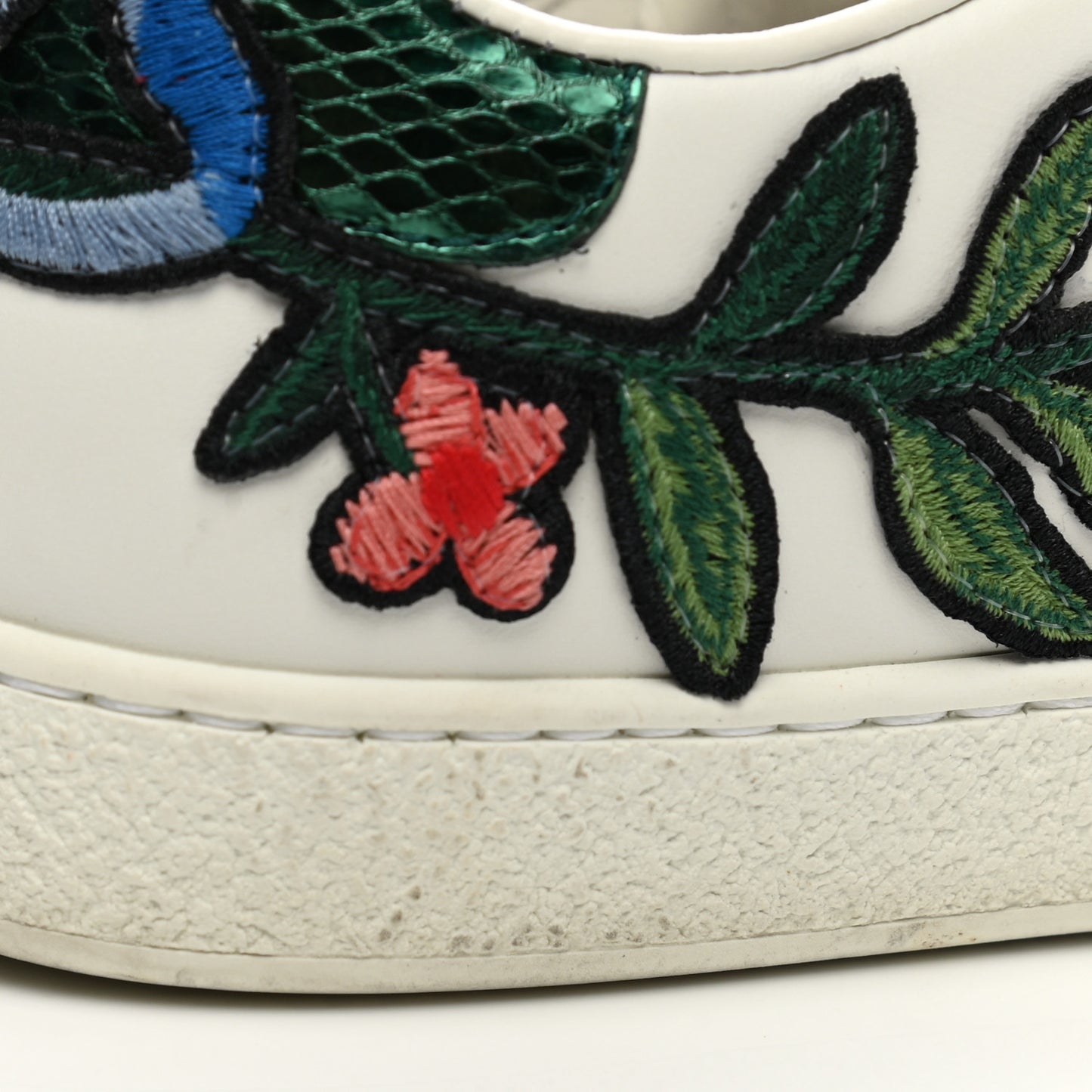 Calfskin Web Floral Embroidered Womens Ace Sneakers 35 White