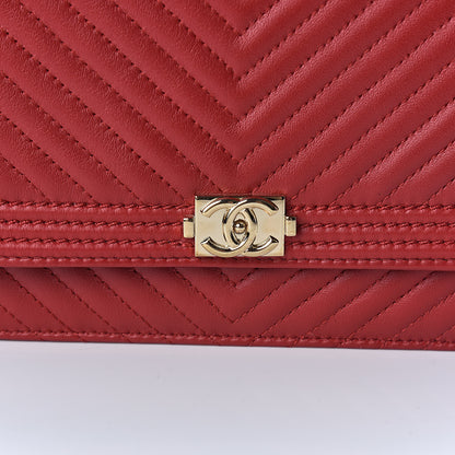 Chanel Calfskin Chevron Quilted Boy Wallet On Chain WOC Red 9 of 11