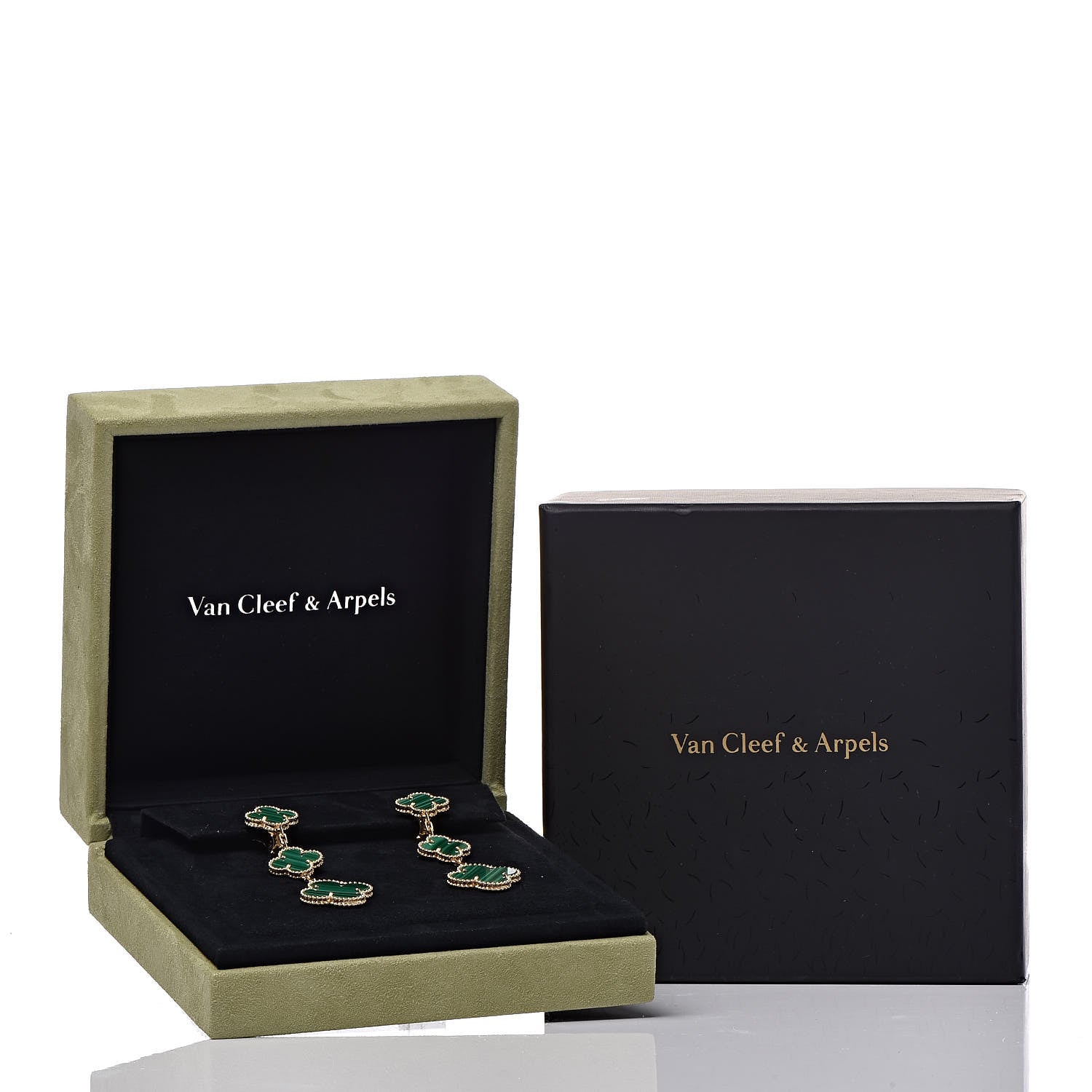Van Cleef & Arpels 18K Yellow Gold Malachite 3 Motifs Magic Alhambra Earrings 5 of 5