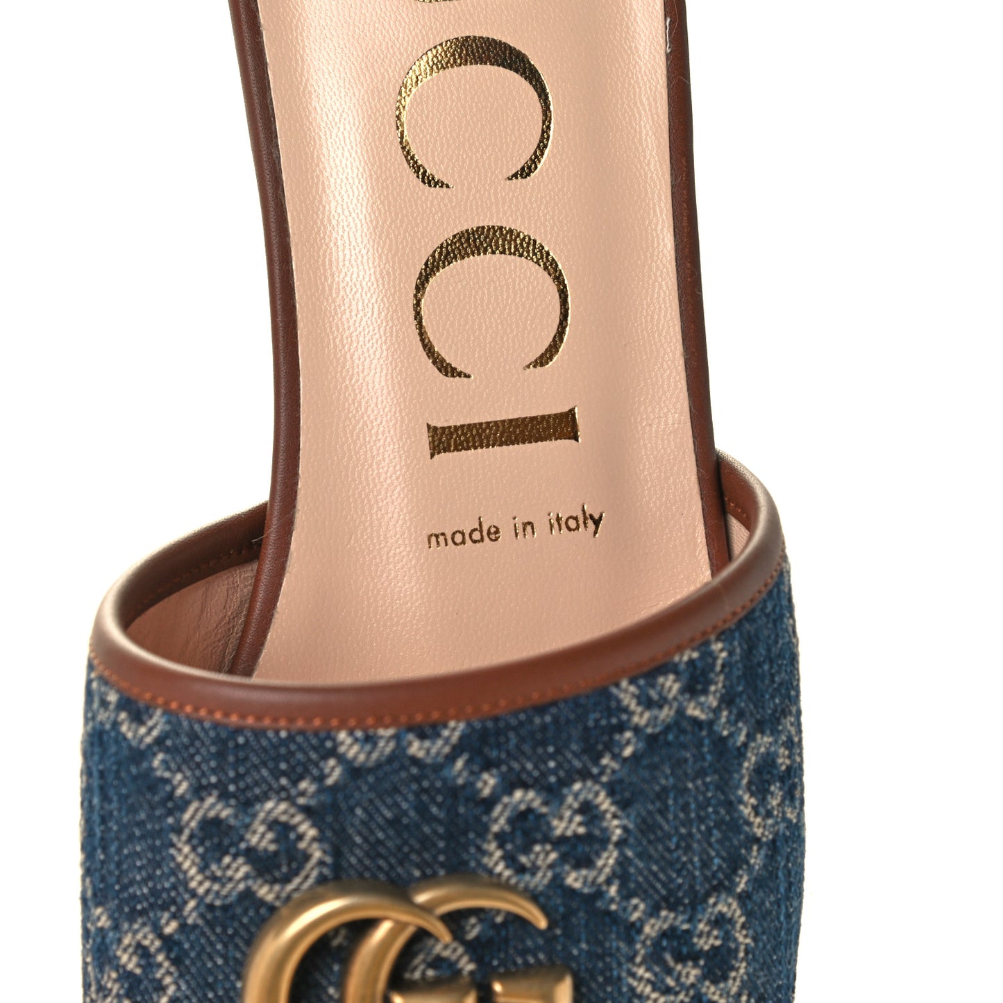 New Denim GG Monogram Miro Soft Calfskin Jolie Slide Sandals 39 Blue Tea Cuir Epilog