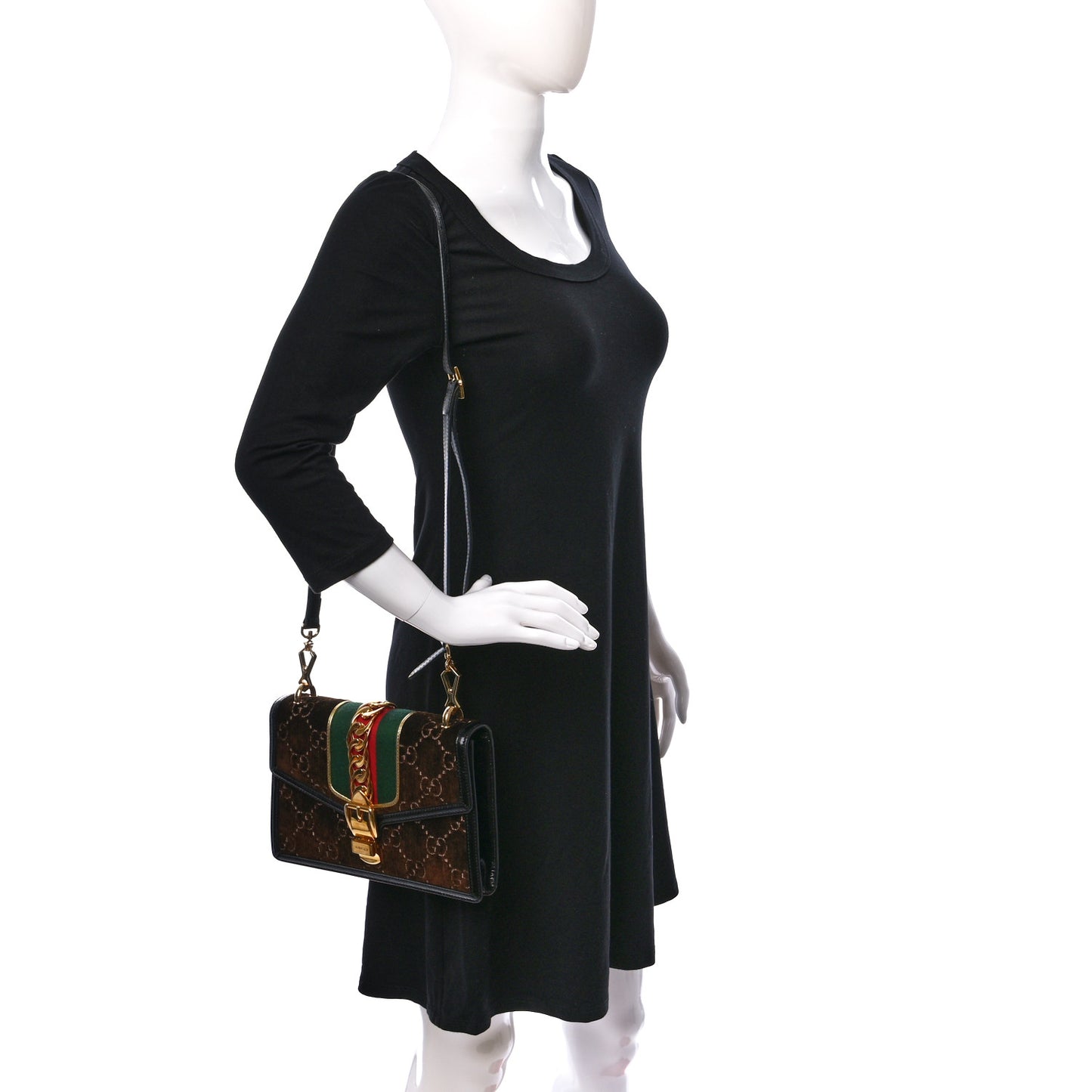 Velvet GG Monogram Web Small Sylvie Shoulder Bag Brown Black Oro Vecchio