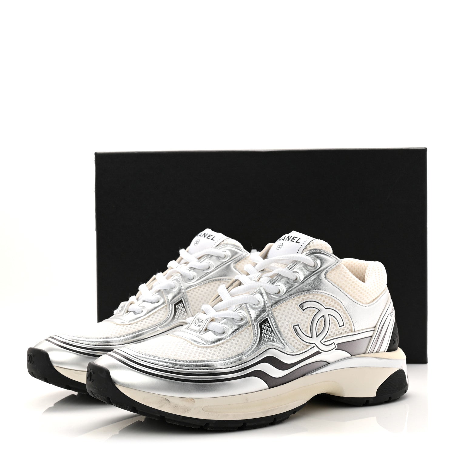 Chanel Fabric Laminated Calfskin Stretch CC Womens Sneakers 40 White Silver 11 of 11