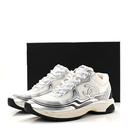 Chanel Fabric Laminated Calfskin Stretch CC Womens Sneakers 40 White Silver 11 of 11