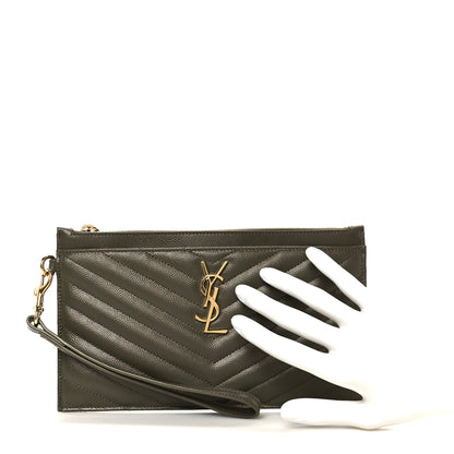 Saint Laurent Grain De Poudre Chevron Monogram Bill Pouch Vert Kaki 4 of 18
