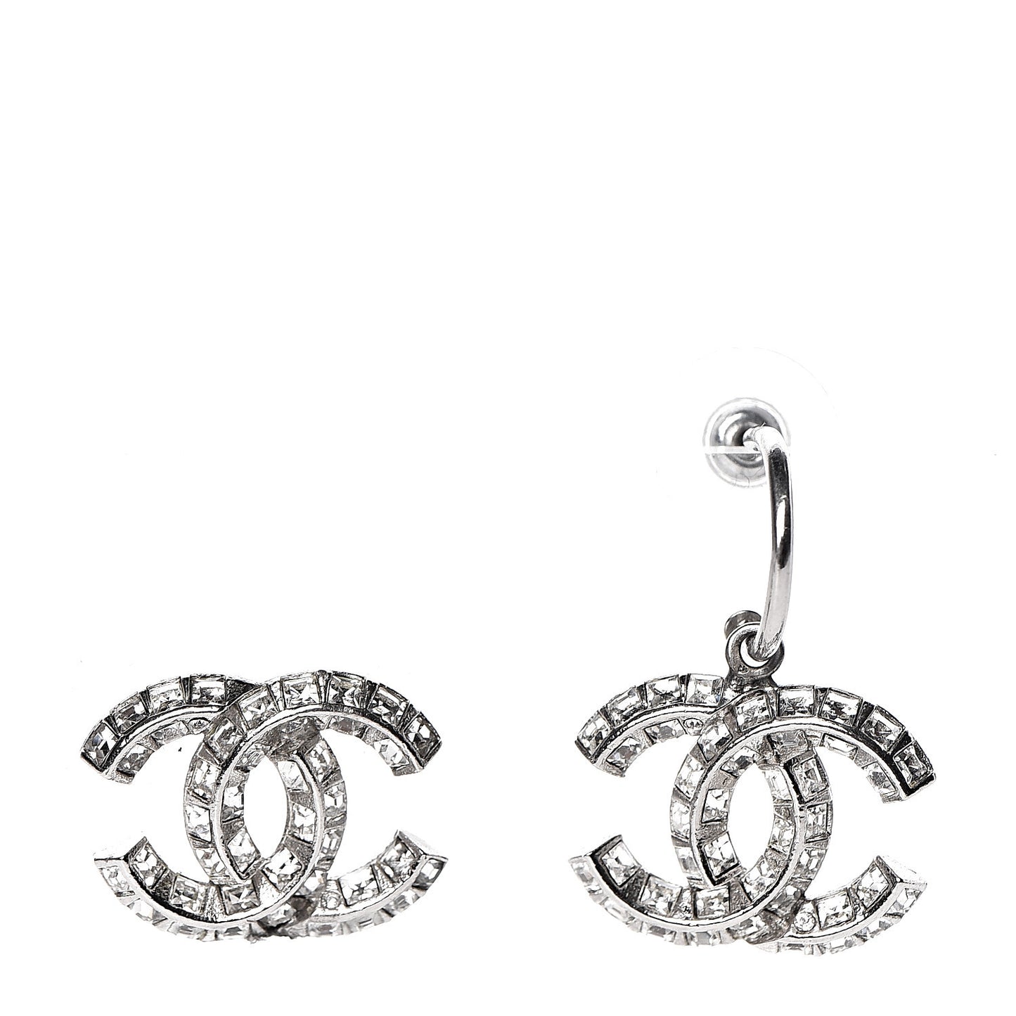 Baguette Crystal CC Drop Earrings Silver