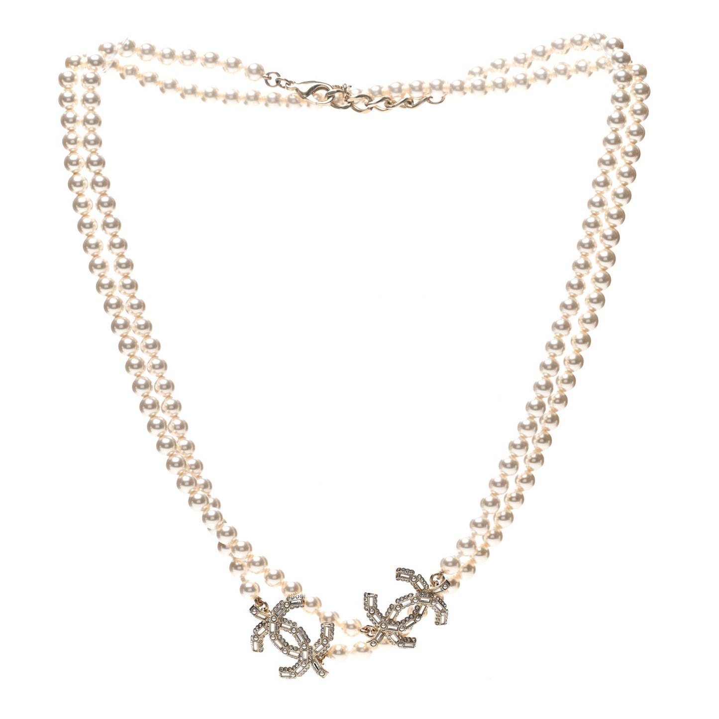 Pearl Baguette Crystal CC Long Necklace Gold