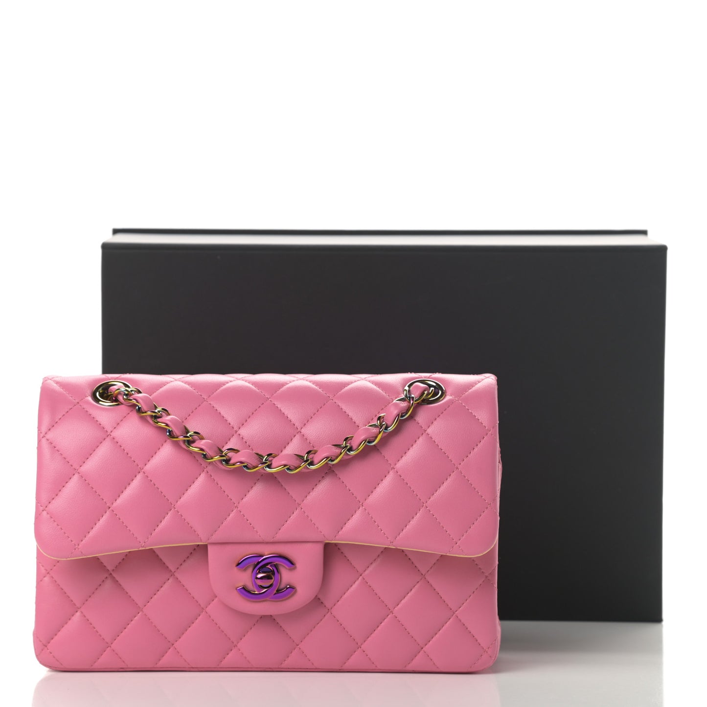 Lambskin Quilted Small Double Flap Pink Yellow