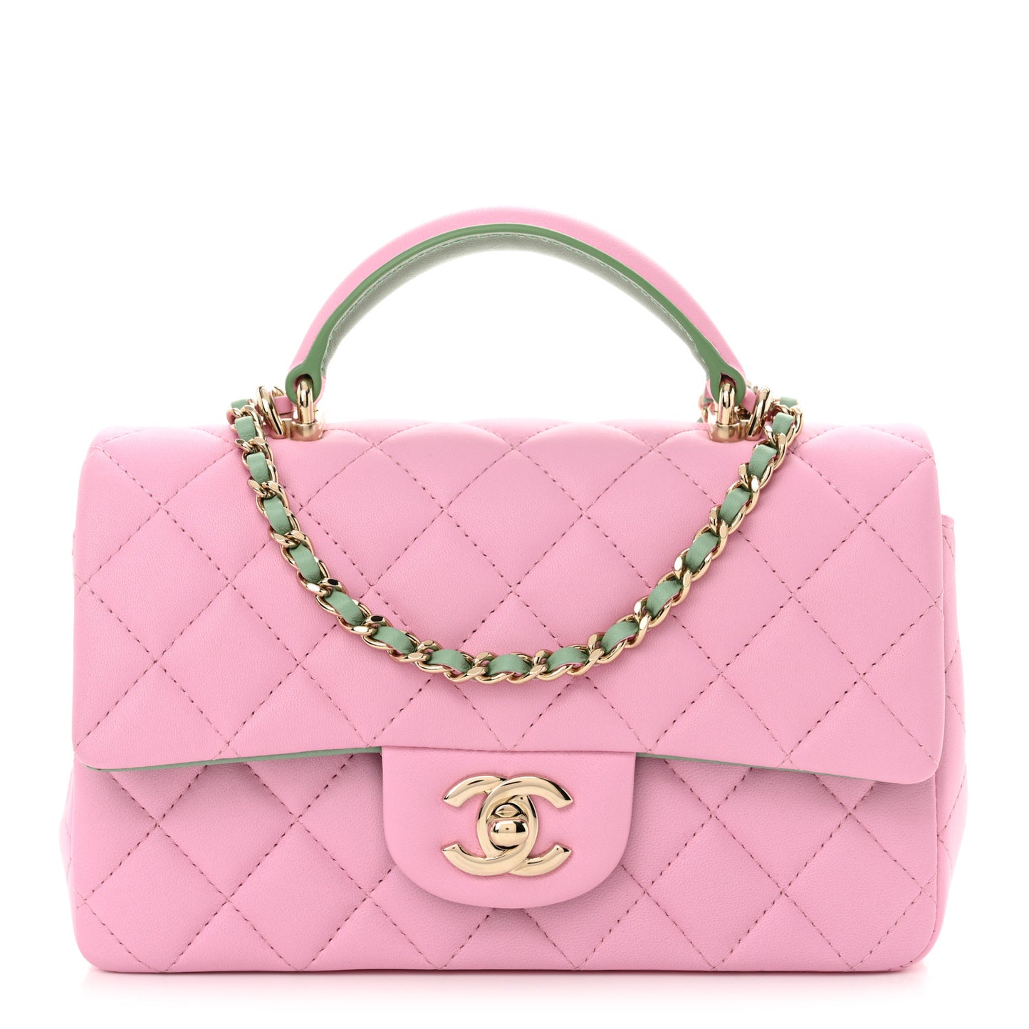 Lambskin Quilted Mini Top Handle Rectangular Flap Pink Green Pink Green
