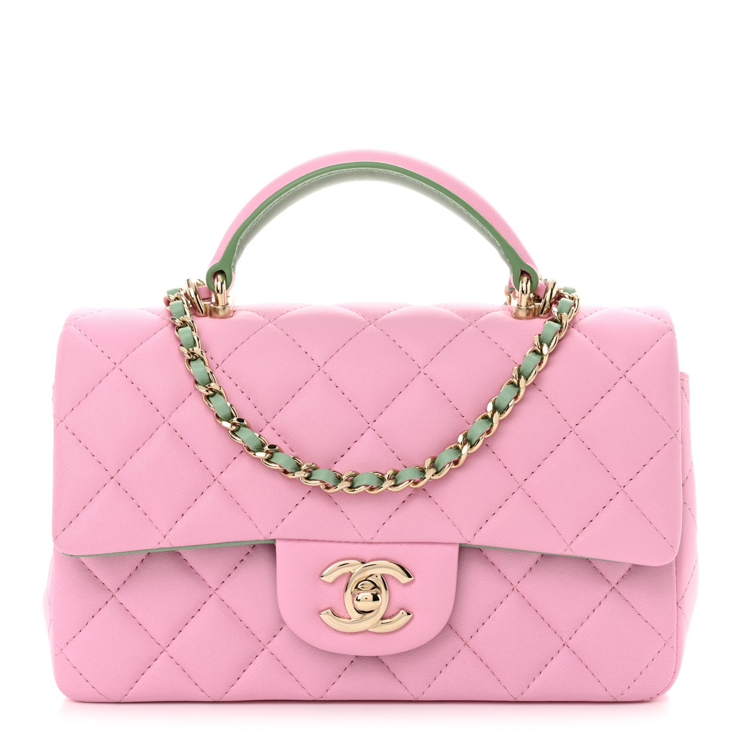 Chanel Lambskin Quilted Mini Top Handle Rectangular Flap Pink Green Pink Green 1 of 10